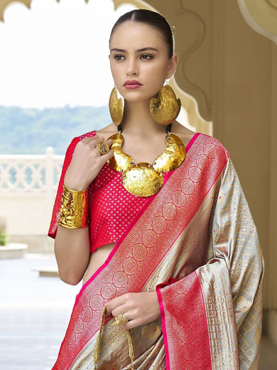 Fascinating Grey Zari Weaving Banarasi Silk Event Wear Saree